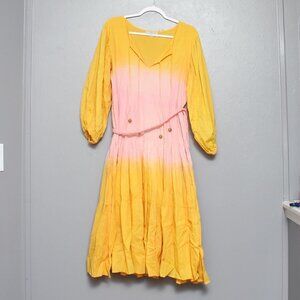 Karina Grimaldi sun maxi cotton yellow pink long sleeve boho belted dress